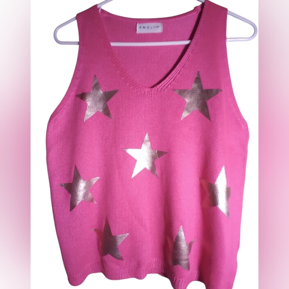 Amoli Pink With Silve Star Sleeveless Tank Top Knit Summer Boho Hippie Croquette